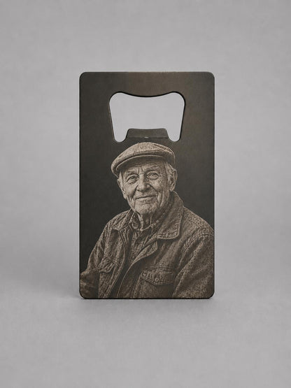 Edelstahl Flaschenöffner personalisiert – Lasergravur mit Wunschmotiv | Kartenformat