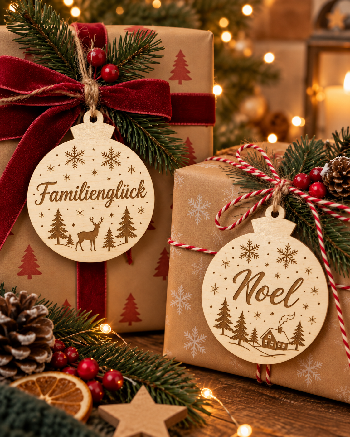 Runder Holz-Weihnachtsanhänger mit personalisierter Lasergravur – Beispiel 1