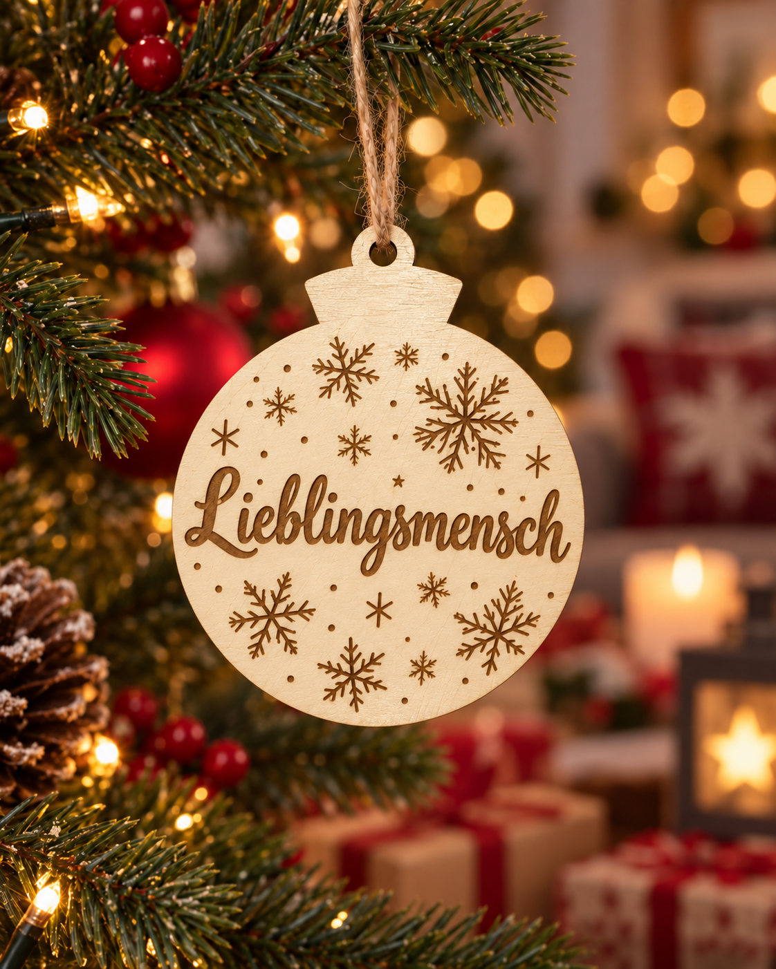 Runder Holz-Weihnachtsanhänger mit personalisierter Lasergravur – Beispiel 3