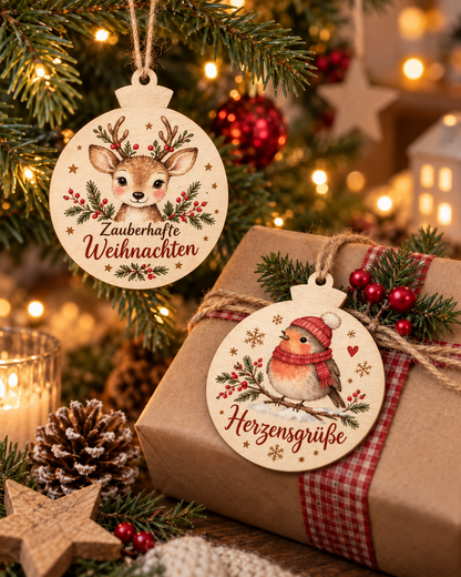 Runder Holz-Weihnachtsanhänger mit personalisiertem UV-Druck – Beispiel 1