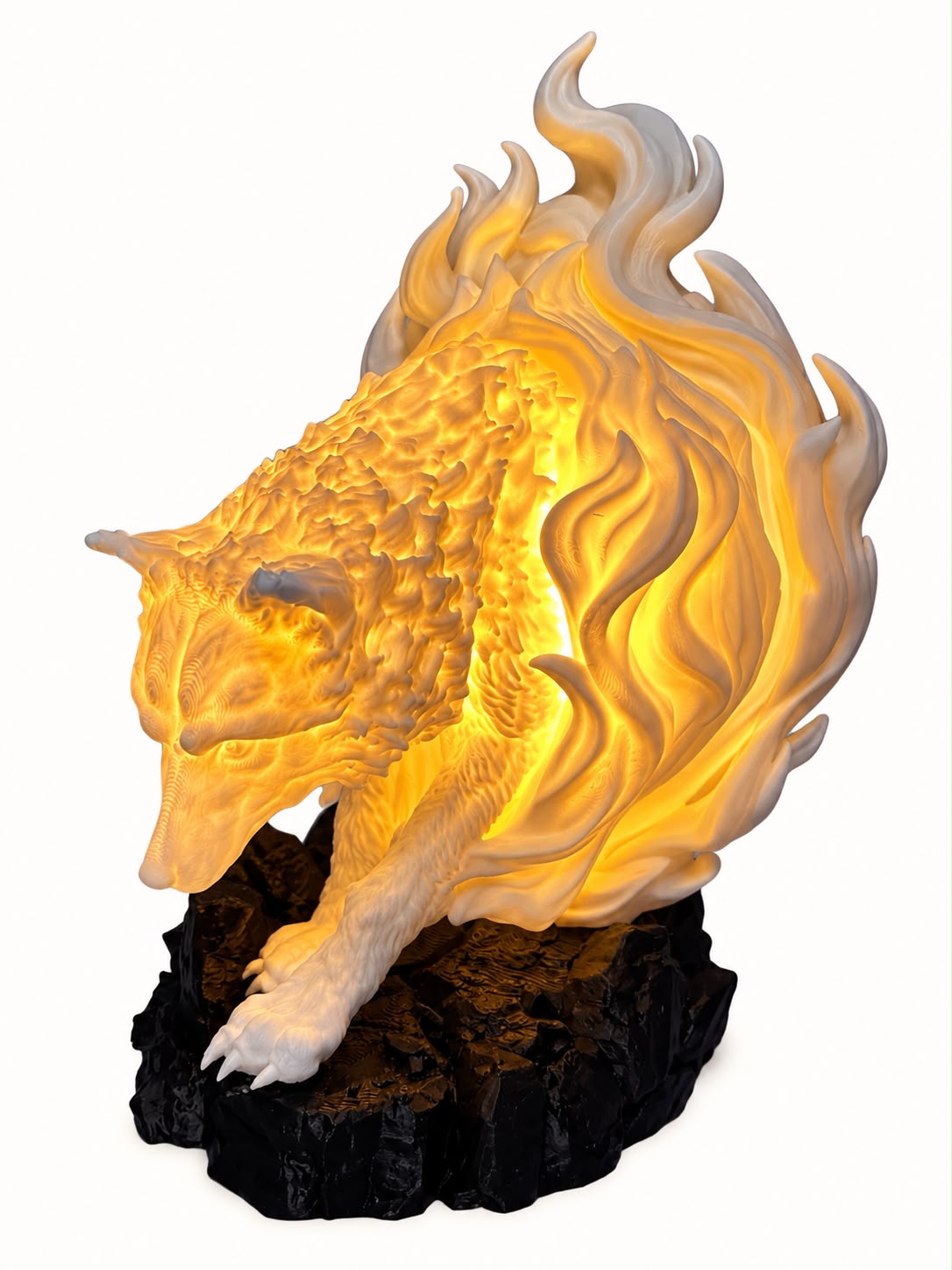 Feuerwolf – 3D-Dekolampe mit LED-Puck, warmweiß beleuchtet