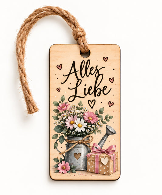 Eckiger Geschenkanhänger aus Holz mit UV-Druck – Alles Liebe