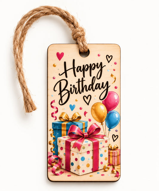 Eckiger Geschenkanhänger aus Holz mit UV-Druck – Happy Birthday