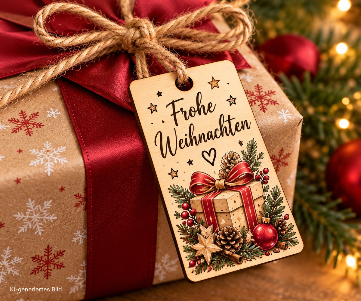 Eckiger Geschenkanhänger aus Holz mit UV-Druck – Frohe Weihnachten