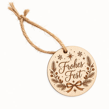 Holz-Geschenkanhänger mit Gravur Frohes Fest