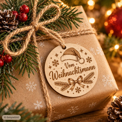 Holz-Geschenkanhänger am Geschenk mit Weihnachtsmann-Motiv
