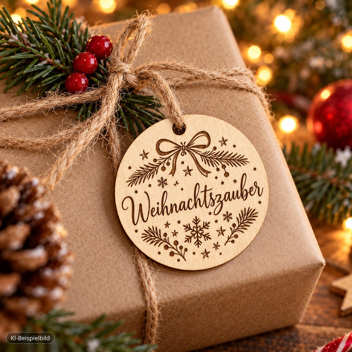 Holz-Geschenkanhänger am Geschenk mit Gravur Weihnachtszauber