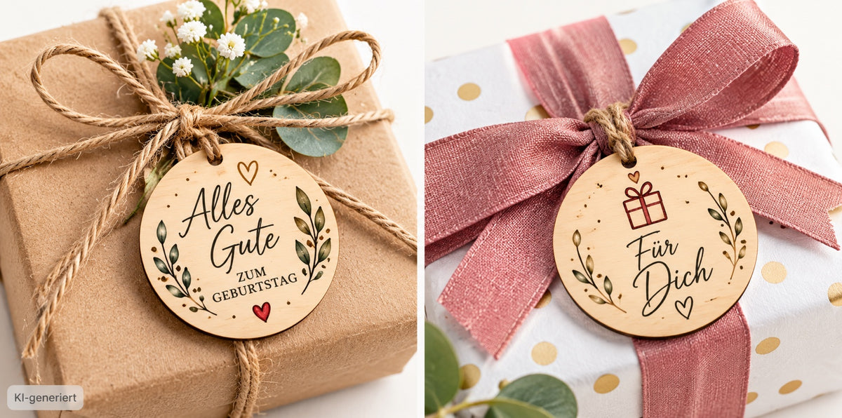 Holz-Geschenkanhänger mit UV-Druck an einem Geburtstagsgeschenk – KI-generiertes Beispielbild