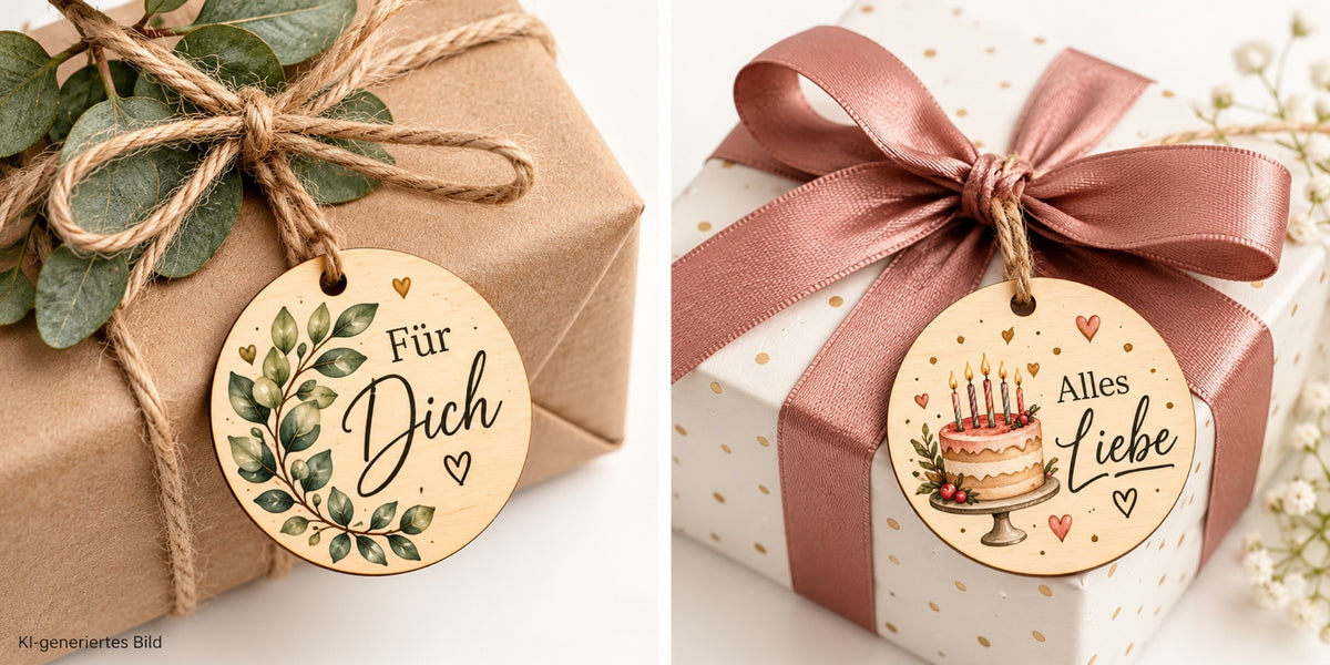 Holz-Geschenkanhänger mit UV-Druck an einem Geschenk – KI-generiertes Beispielbild