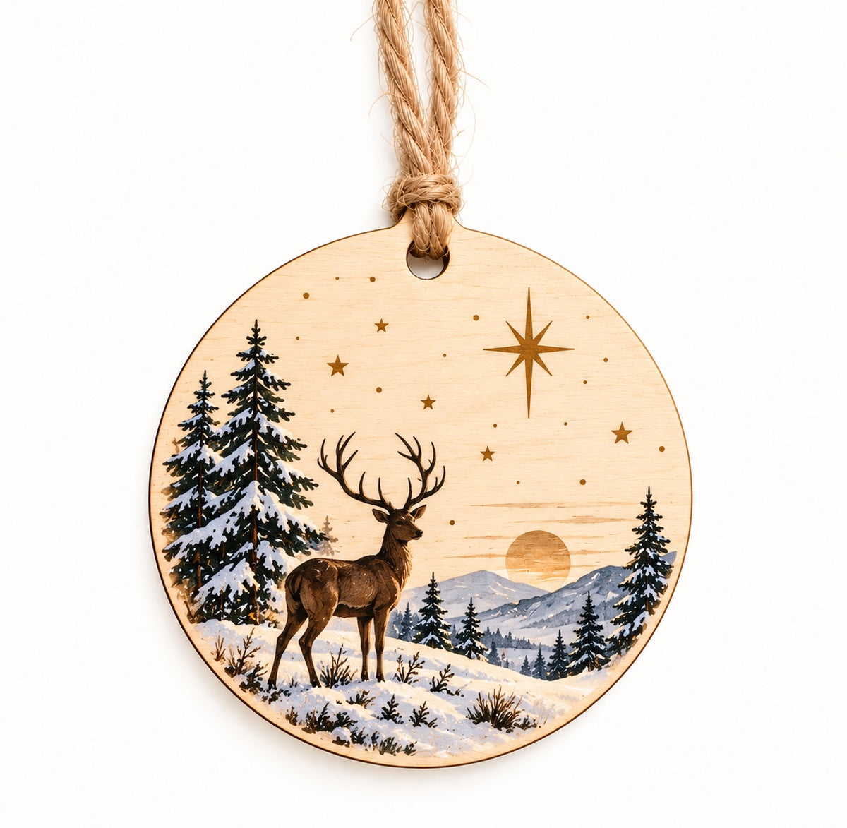 Holz-Geschenkanhänger mit winterlichem Hirschmotiv im UV-Druck