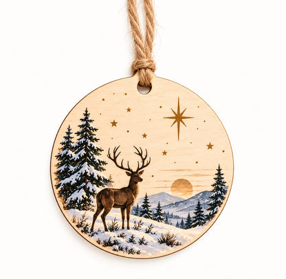 Holz-Geschenkanhänger mit winterlichem Hirschmotiv im UV-Druck