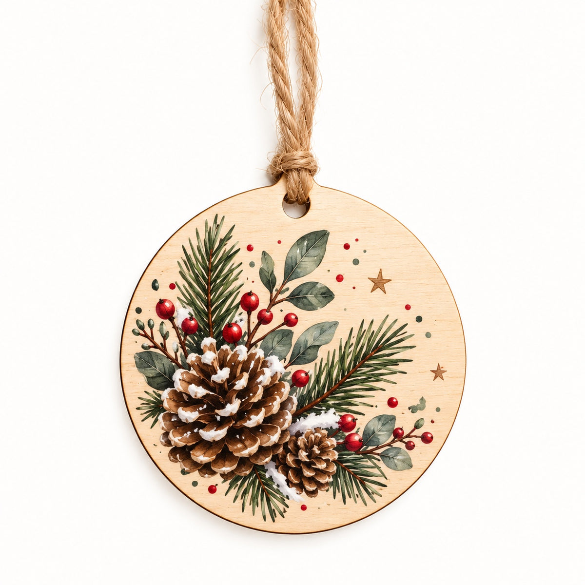 Holz-Geschenkanhänger mit winterlichen Zweigen und Zapfen im UV-Druck