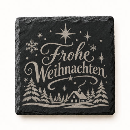 Schieferuntersetzer mit graviertem Weihnachtsmotiv Frohe Weihnachten