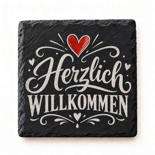 Schieferuntersetzer UV-Druck Herzlich willkommen