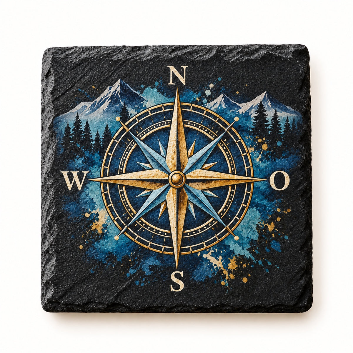 Schieferuntersetzer UV-Druck Kompassrose mit Berglandschaft
