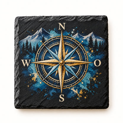 Schieferuntersetzer UV-Druck Kompassrose mit Berglandschaft