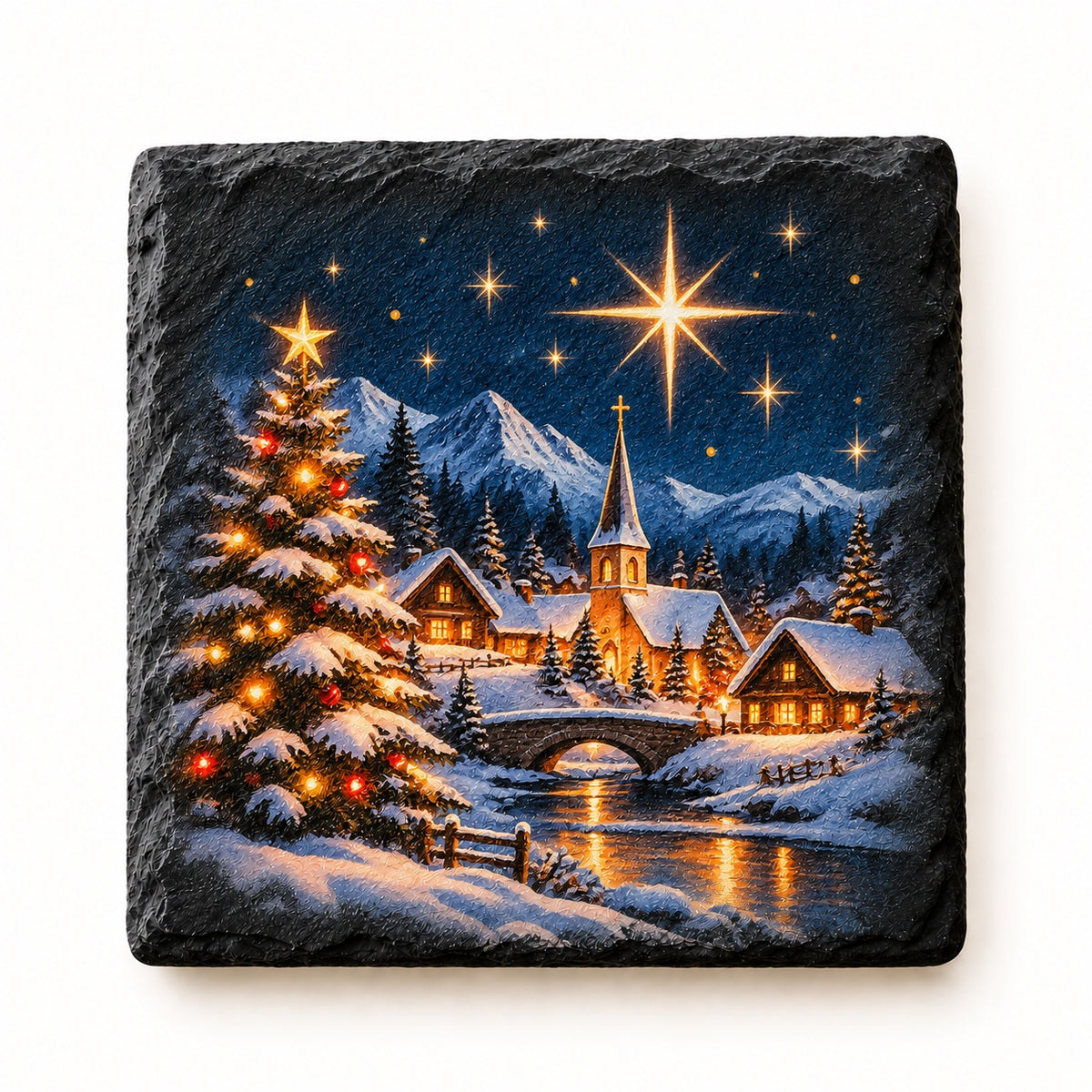 Schieferuntersetzer UV-Druck weihnachtliches Winterdorf