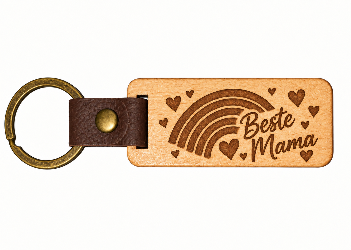 Eckiger Eichenholz-Schlüsselanhänger mit Lasergravur Beste Mama, Regenbogen und Herzen