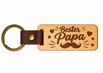 Eckiger Eichenholz-Schlüsselanhänger mit Lasergravur Bester Papa, Schnurrbart und Herzen