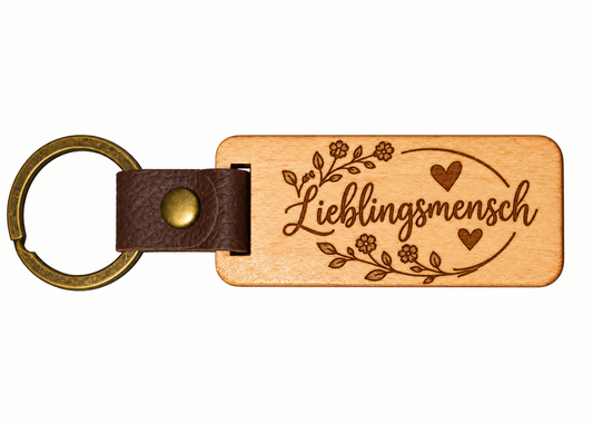Eckiger Eichenholz-Schlüsselanhänger mit Lasergravur Lieblingsmensch, Blumen und Herzen