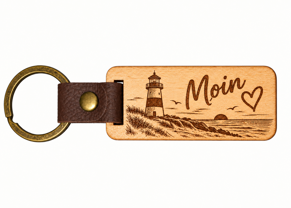 Eckiger Eichenholz-Schlüsselanhänger mit Lasergravur Moin, Leuchtturm, Meer und Herz