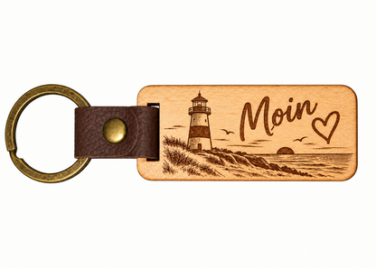 Eckiger Eichenholz-Schlüsselanhänger mit Lasergravur Moin, Leuchtturm, Meer und Herz