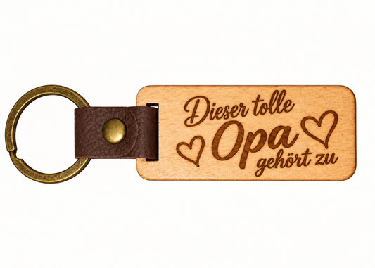 Eckiger Eichenholz-Schlüsselanhänger mit Lasergravur Dieser tolle Opa gehört zu und zwei Herzen