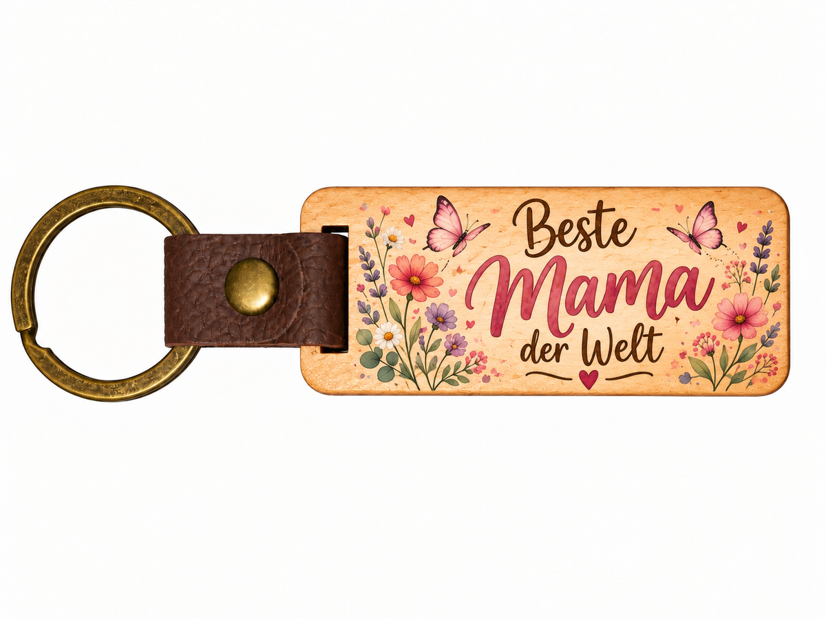Holz-Schlüsselanhänger eckig UV-Druck – Beste Mama der Welt mit Blumen und Schmetterlingen