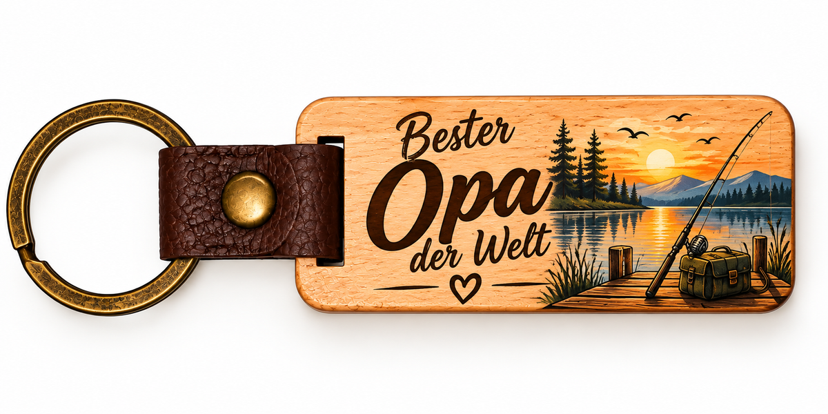 Holz-Schlüsselanhänger eckig UV-Druck – Bester Opa der Welt mit Angler-Motiv
