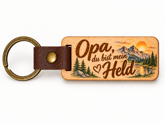 Eckiger Holz-Schlüsselanhänger mit UV-Druck, Bergmotiv und Spruch „Opa, du bist mein Held“