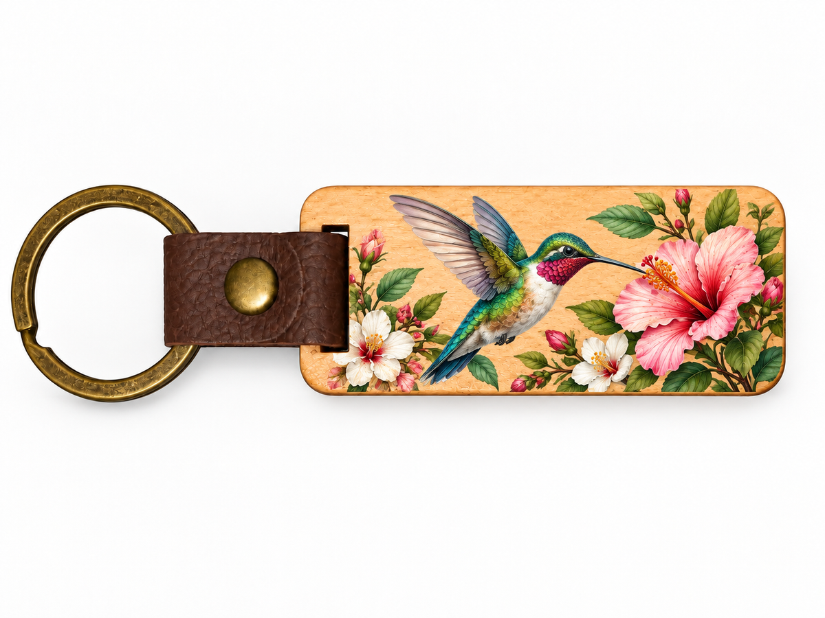 Holz-Schlüsselanhänger eckig UV-Druck – Kolibri mit Hibiskusblüten, ohne Text