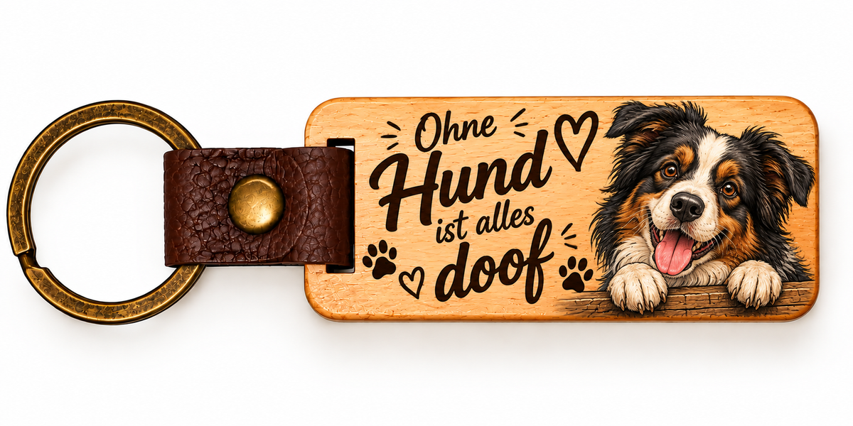 Eckiger Holz-Schlüsselanhänger mit UV-Druck – Ohne Hund ist alles doof