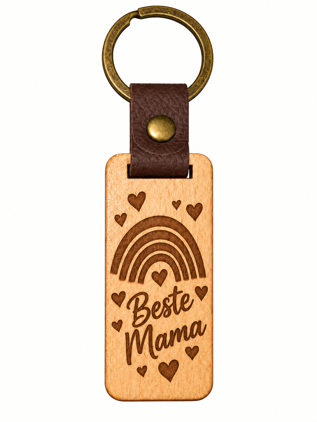 Eckiger Eichenholz-Schlüsselanhänger hochkant mit Lasergravur Beste Mama, Regenbogen und Herzen