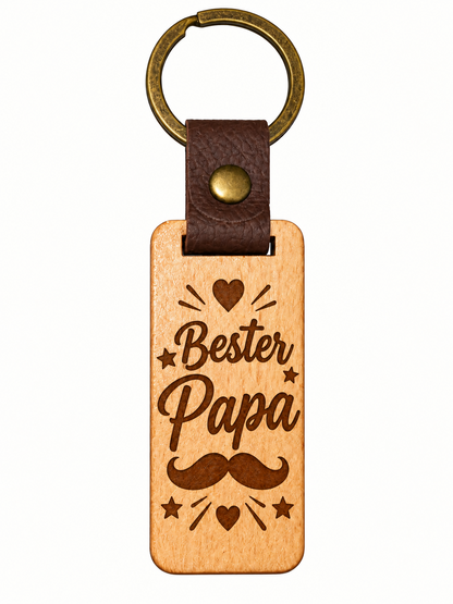 Eckiger Eichenholz-Schlüsselanhänger hochkant mit Lasergravur Bester Papa, Schnurrbart und Herzen