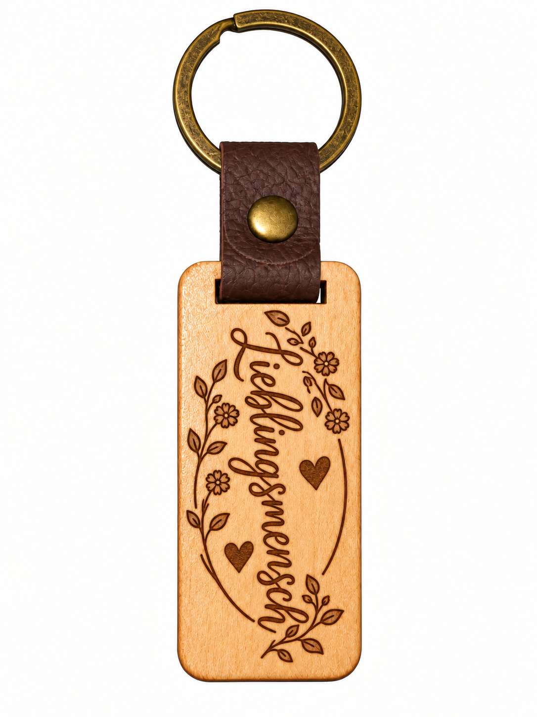 Eckiger Eichenholz-Schlüsselanhänger hochkant mit Lasergravur Lieblingsmensch, Blumen und Herzen