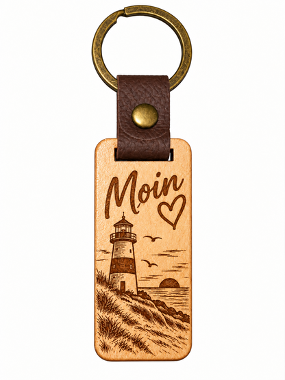 Eckiger Eichenholz-Schlüsselanhänger hochkant mit Lasergravur Moin, Leuchtturm, Meer und Herz