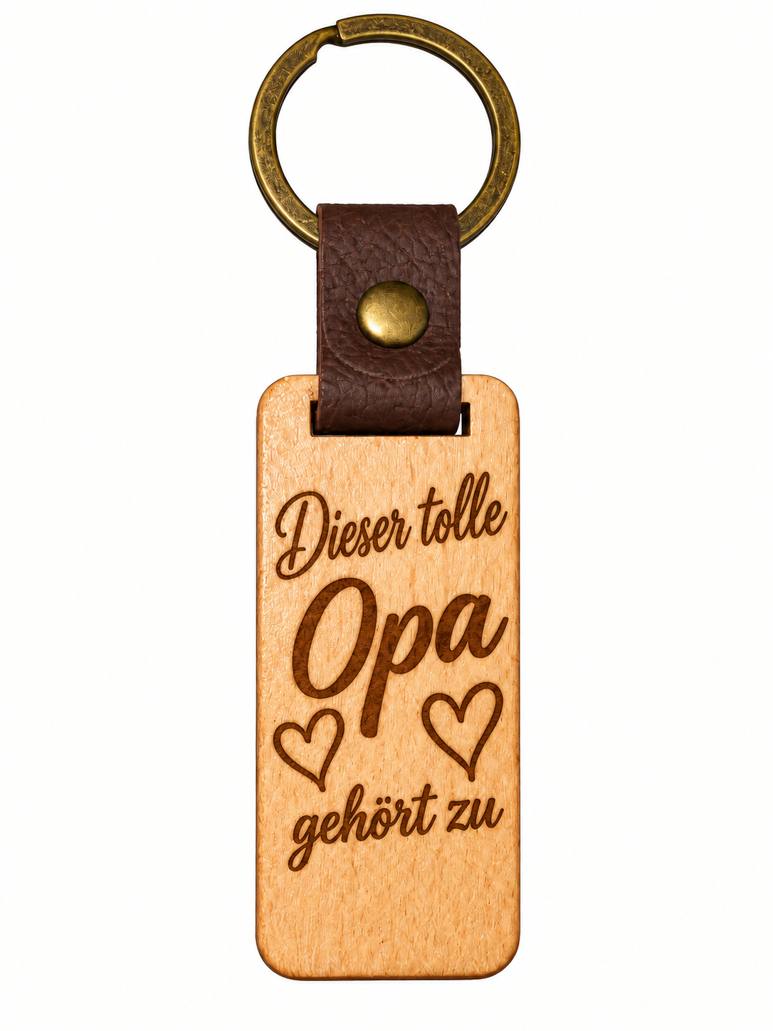 Eckiger Eichenholz-Schlüsselanhänger hochkant mit Lasergravur Dieser tolle Opa gehört zu und Herzen