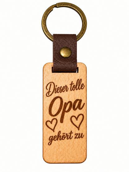 Eckiger Eichenholz-Schlüsselanhänger hochkant mit Lasergravur Dieser tolle Opa gehört zu und Herzen