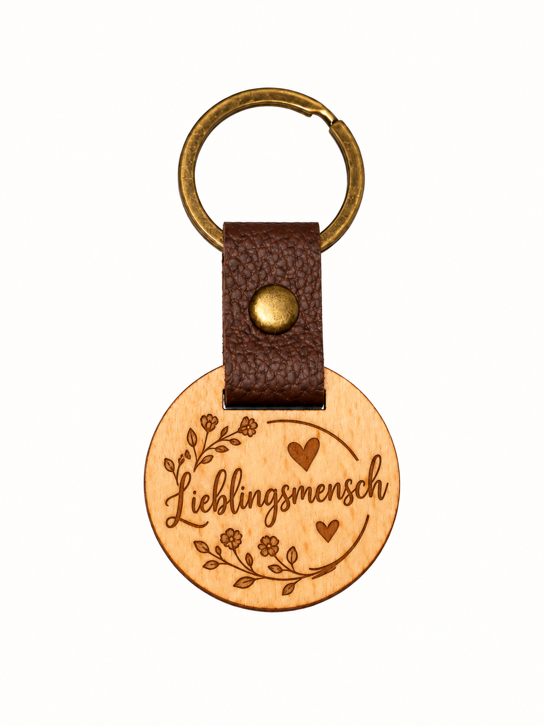 Runder Eichenholz-Schlüsselanhänger mit Lasergravur Lieblingsmensch und Blumen