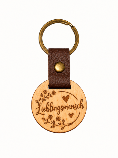 Runder Eichenholz-Schlüsselanhänger mit Lasergravur Lieblingsmensch und Blumen