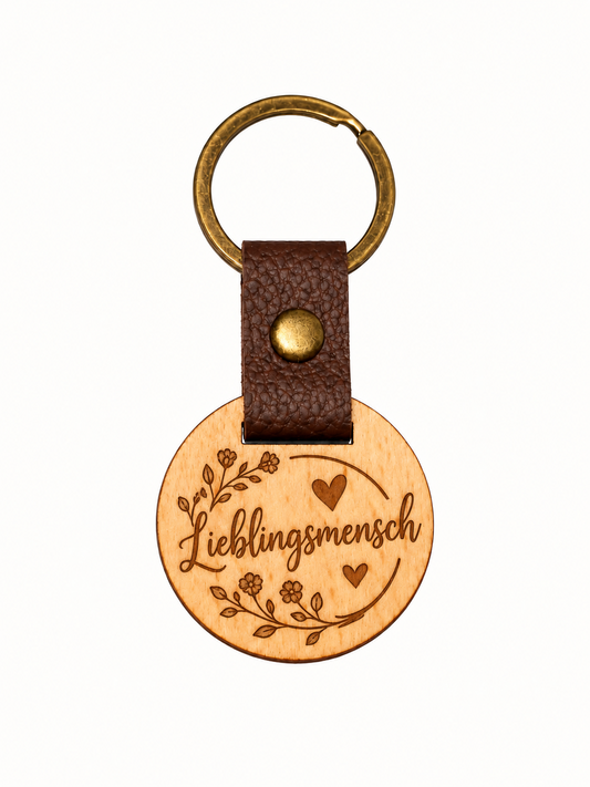 Runder Eichenholz-Schlüsselanhänger mit Lasergravur Lieblingsmensch und Blumen