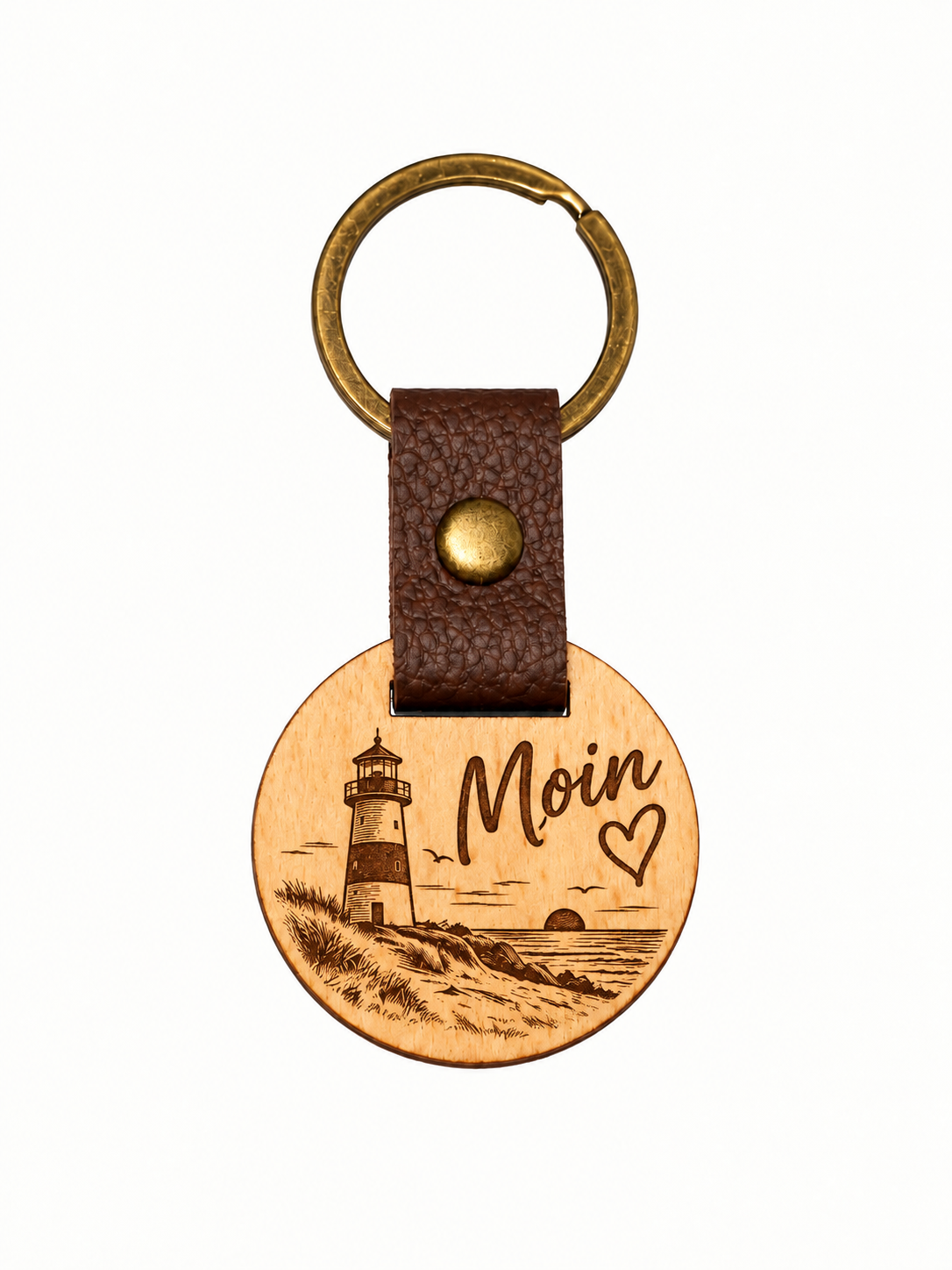 Runder Eichenholz-Schlüsselanhänger mit Lasergravur Moin, Leuchtturm und Herz