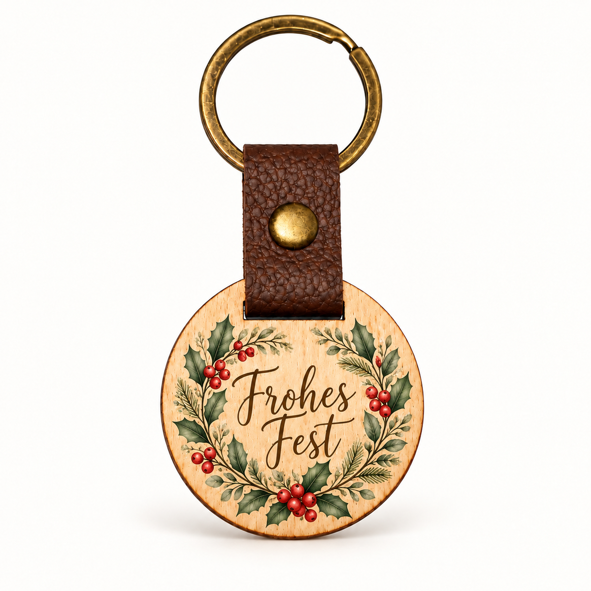 Runder Eichenholz-Schlüsselanhänger mit farbigem UV-Druck, Weihnachtskranz und Schriftzug Frohes Fest