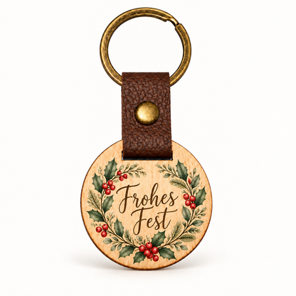 Runder Eichenholz-Schlüsselanhänger mit farbigem UV-Druck, Weihnachtskranz und Schriftzug Frohes Fest