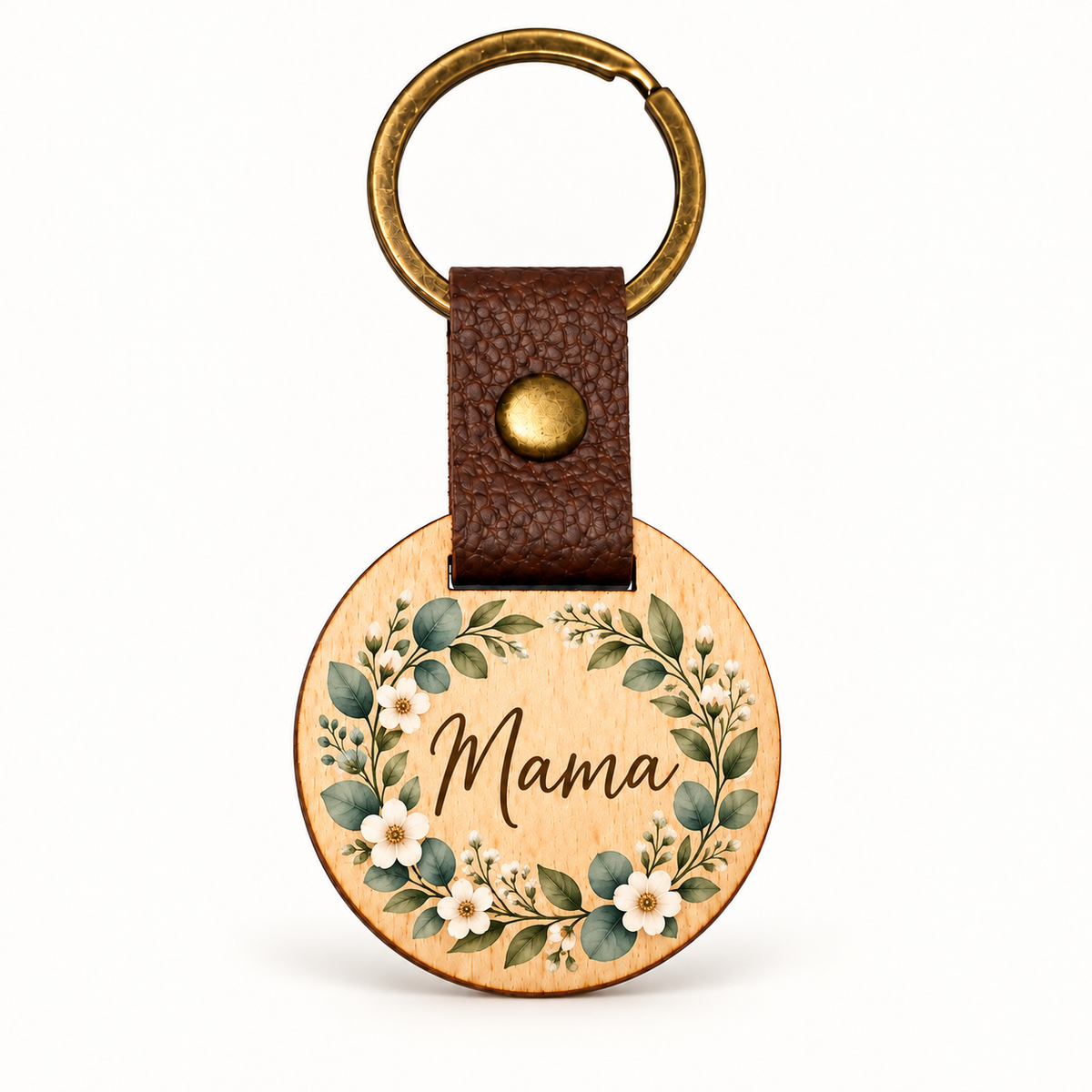 Runder Eichenholz-Schlüsselanhänger mit UV-Druck, Blumenkranz und Schriftzug Mama