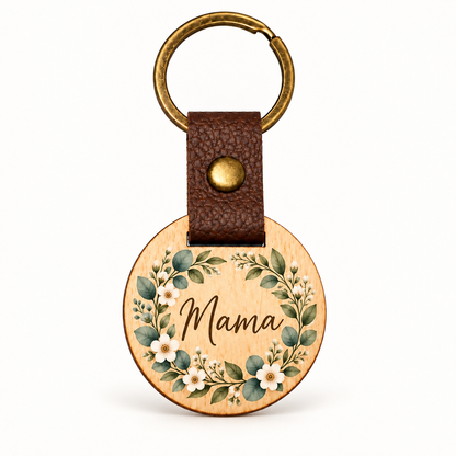 Runder Eichenholz-Schlüsselanhänger mit UV-Druck, Blumenkranz und Schriftzug Mama