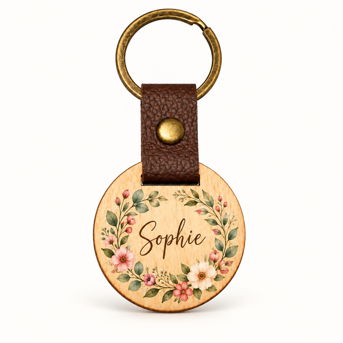 Runder Eichenholz-Schlüsselanhänger mit farbigem UV-Druck, Blumenkranz und personalisiertem Namen Sophie