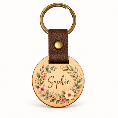 Runder Eichenholz-Schlüsselanhänger mit farbigem UV-Druck, Blumenkranz und personalisiertem Namen Sophie
